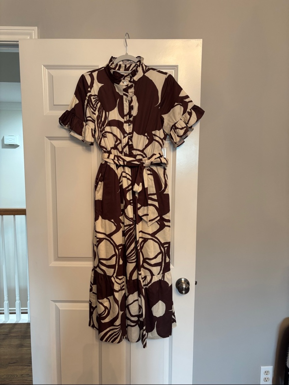 Brown and Cream Printed Button-Front Midi Dress with Tie Waist